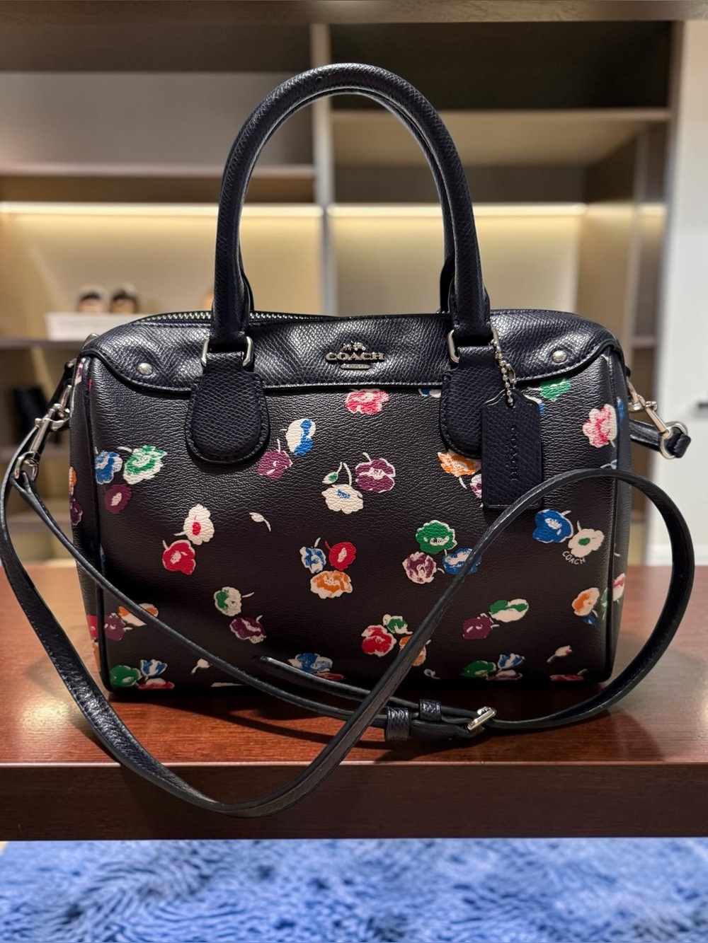 Coach Black Floral Print Leather Satchel with Multicolor Blossoms - Picture 3 of 15